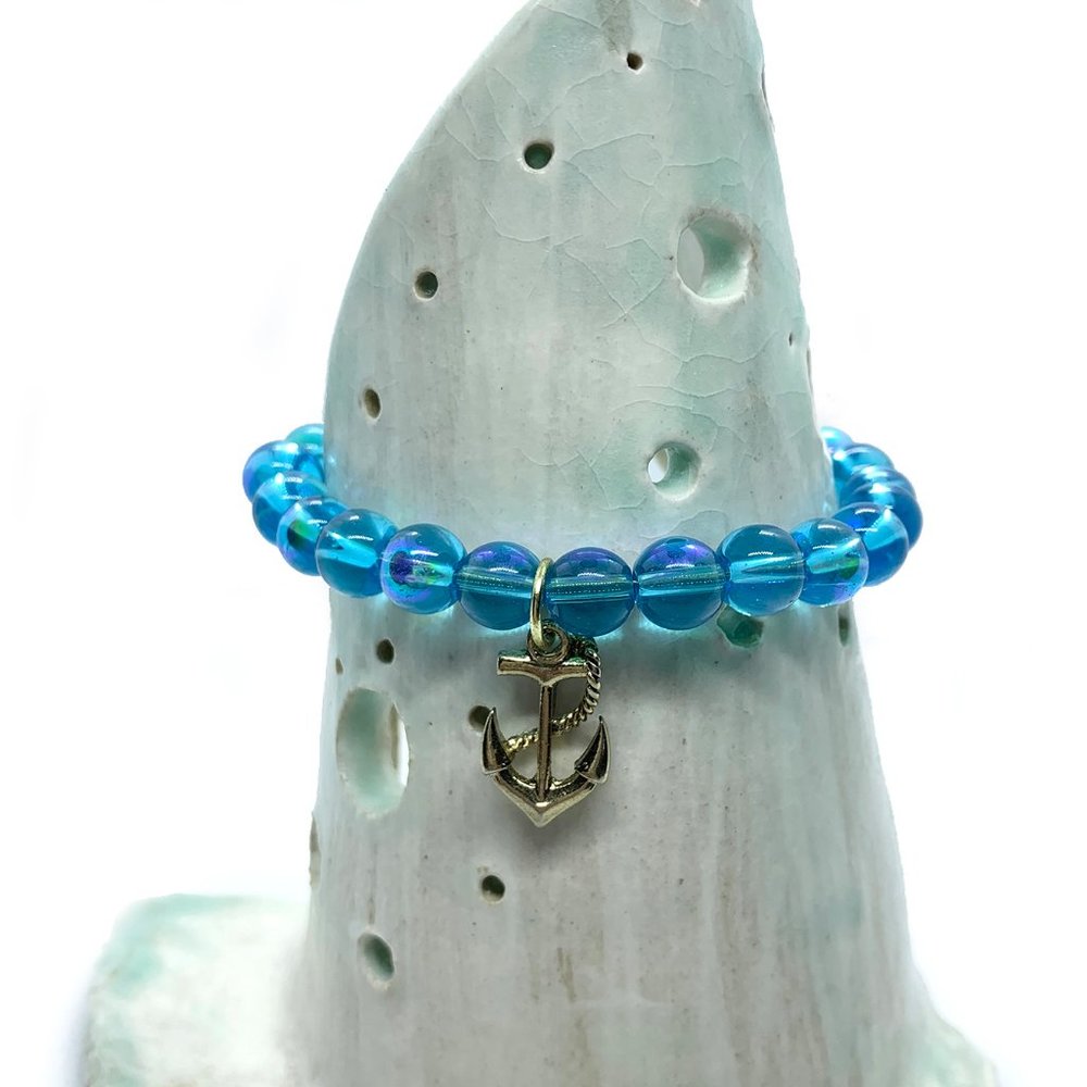 Blue Iridescent Bead and Anchor Bracelet